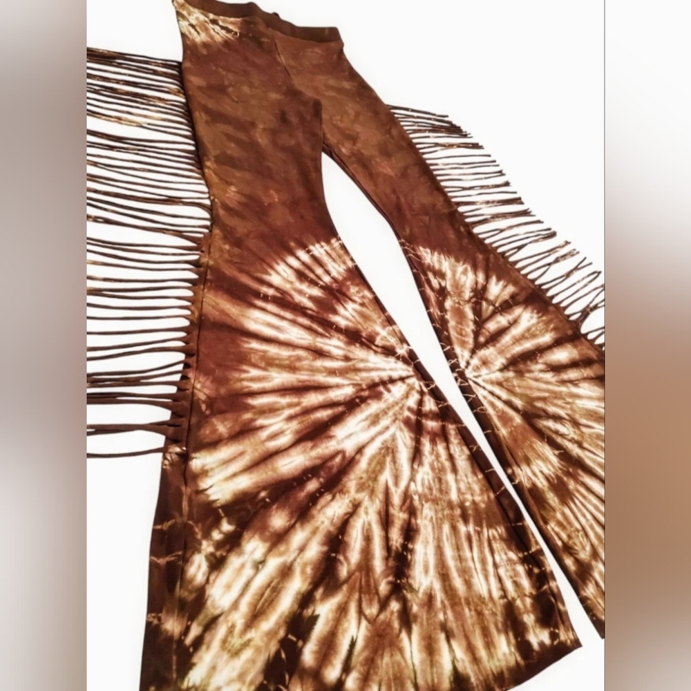 SHORT LENGTH Tie Dye High Waisted Fringe Bell Bottoms - Festival Tie Dyed Bells - Picture 6 of 15